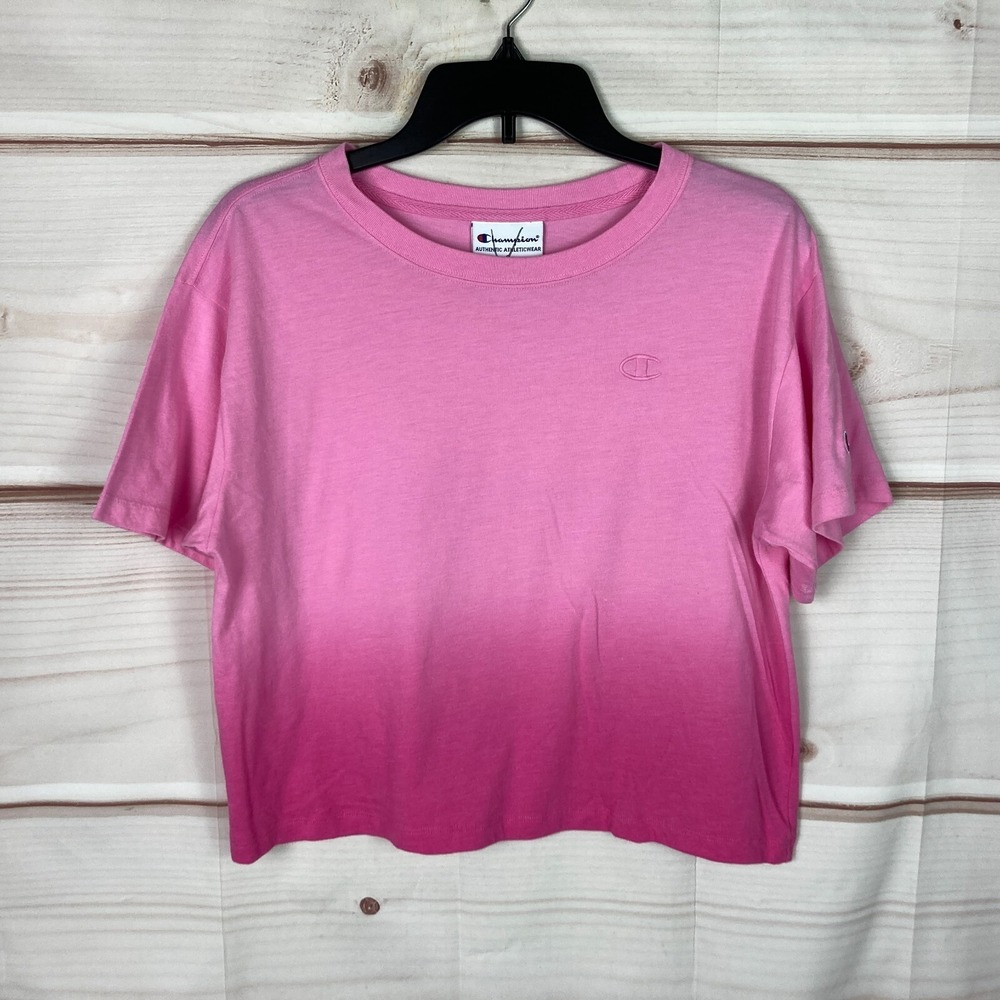Champion Top Womens Small Pink Ombre T-Shirt Crop Short Sleeve Crew Neck